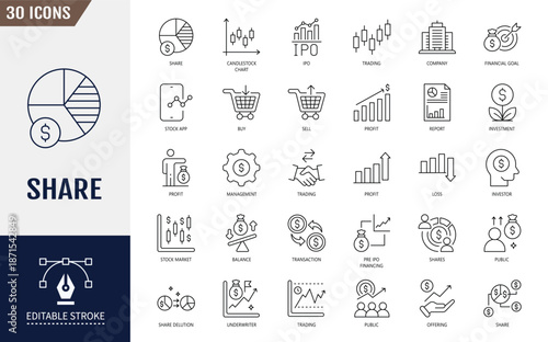 Shares icon set. Shares, stock, market, trading, business, company, ipo, dividend, revenue and more. Editable stroke. Vector illustration