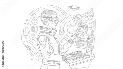 Astronaut Working on Computer in Space Suit.