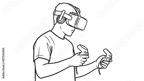 Man Wearing Virtual Reality Headset and Controllers.