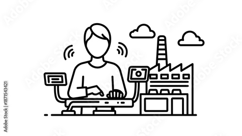 Man Working on Computer with Factory.