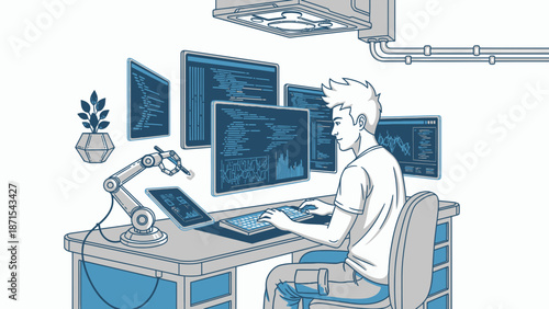 Man Working on Computer with Robotic Arm.