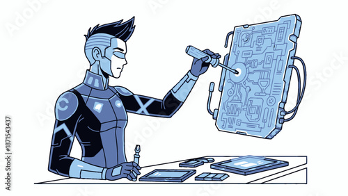 Robot Working on a Laptop Computer.