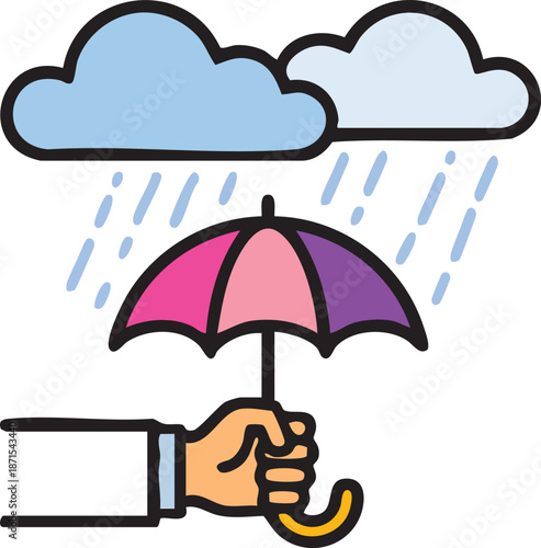Protecting from the elements: A vibrant, hand-drawn illustration captures a hand holding an open umbrella beneath a raincloud, symbolizing shelter from the elements. 