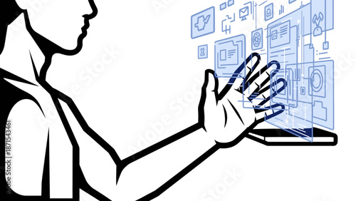 Woman interacting with digital interface illustration.