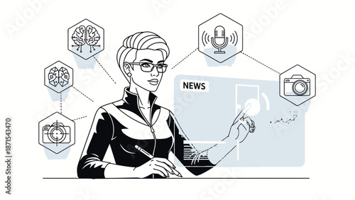 Woman Using Mobile Phone with News App.