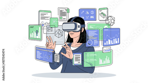 Woman using virtual reality headset with floating screens.