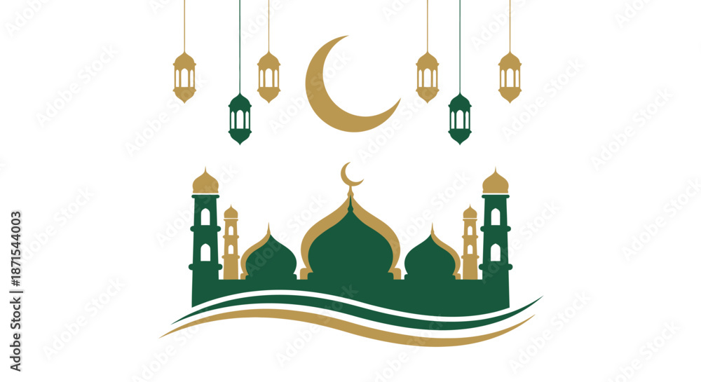 Fototapeta premium Large mosque with multiple minarets and hanging lanterns with a golden crescent moon