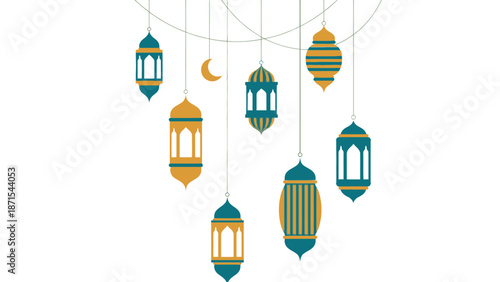 Set of colorful hanging islamic lanterns with decorative strings for festive background
