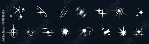 Star light symbol set with twinkles, sparks and firework shine. Clean flat icons radiate luxury and energy. Ideal for galaxy themed designs, packaging or festive posters.
