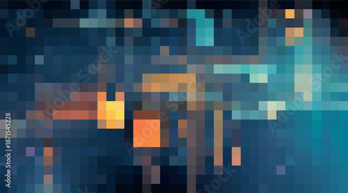 Abstract digital pixel grid with dark blue, orange, and yellow glowing rectangular shapes for technology background use