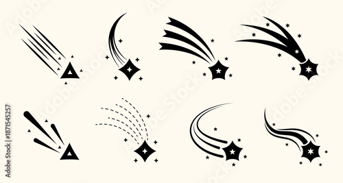 Vintage comet and shooting star icons with trailing tails and cosmic silhouettes. Elegant Y2K flat vector set for fantasy designs, galaxy themes or Christmas decoration packs.