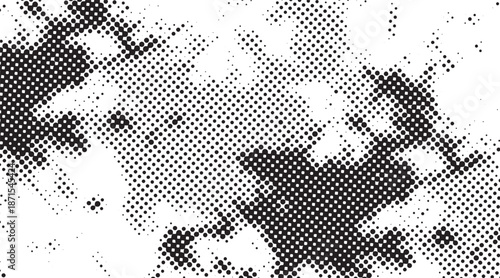 Black and white abstract halftone pattern with irregular dotted shapes creating a grunge distressed texture background