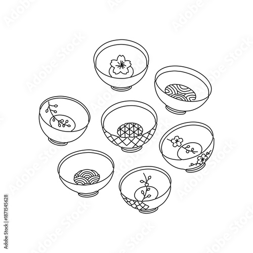 Set of Japanese food bowls illustrated in a minimal line style, featuring traditional dishes such as ramen, miso and rice bowls. Suitable for restaurant branding, menu design and Asian cuisine graphic