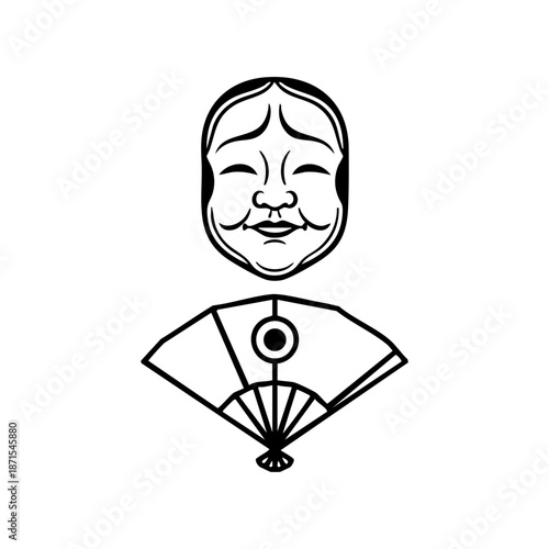 Vector illustration of a geisha face with traditional Japanese hand fan in minimal line art style. Suitable for cultural prints, travel graphics and Asian themed branding.