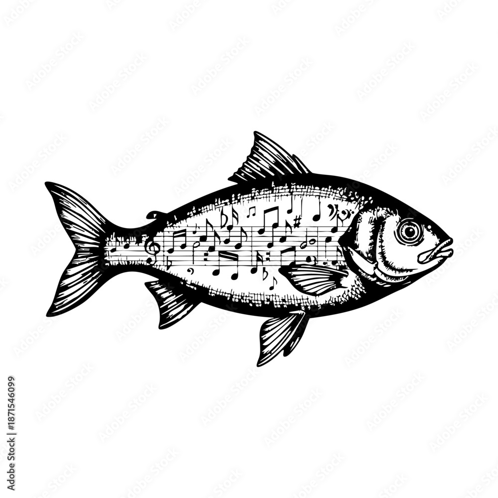 Obraz premium Creative engraved fish illustration with musical notes integrated into its body. Ideal for poster art, apparel graphics and conceptual design projects.