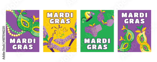 Mardi Gras vertical festival banners and greeting cards with carnival costumes, shoes, confetti, masks and beads