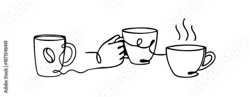 One-line drawing of hand holding a coffee cup in minimal continuous line style. Ideal for cafe branding, packaging and modern print design.