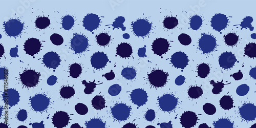 Vector blue monochrome artistic random paint brush blobs splatter polka dots horizontal border repeat background. Suitable for posters and graphic design.