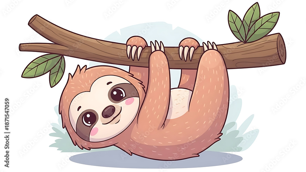Obraz premium Adorable cartoon sloth hanging from a branch with leaves.