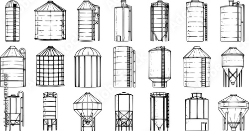 Farm Silo Sketches: Hand-Drawn Collection of Grain Storage Structures