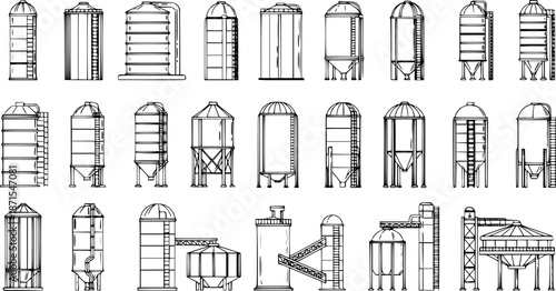 Set of various industrial and agricultural silos, grain elevators, and storage tanks in detailed line art.