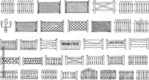 Hand-drawn collection of various fence types, including picket, chainlink, lattice, barbed wire, and rustic wooden fences. Sketch illustration set for borders and security.