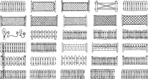 Hand-drawn doodle set of various fence types and styles, including picket, chain-link, barbed wire, and electric fences, in black and white sketch art illustration