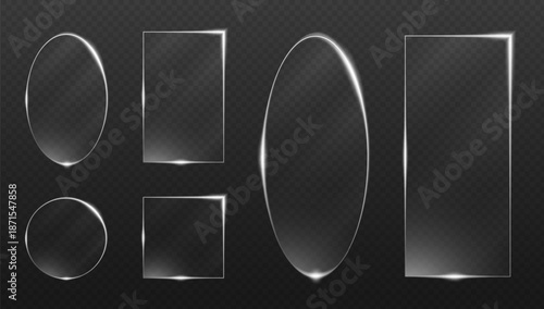 Crystal glass frame with neon glow and square 3d effect creates a clear digital window. Shiny plastic plate with futuristic circular HUD elements and electric glare for game buttons and UI titles.