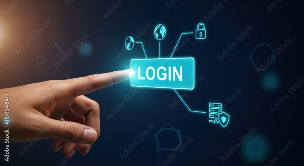 Fototapeta premium Finger Tapping Login Button on Holographic Interface: Digital Security, Authentication and Access Concept