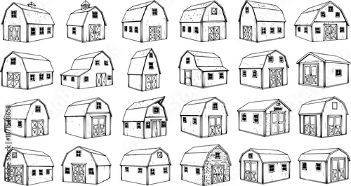 Hand-Drawn Barn and Shed Illustrations Collection. Various styles of farm buildings and storage structures, perfect for rustic, agricultural, and rural design projects.