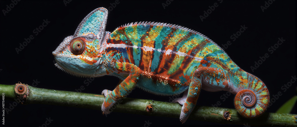 Fototapeta premium Vibrant panther chameleon perched on a green branch