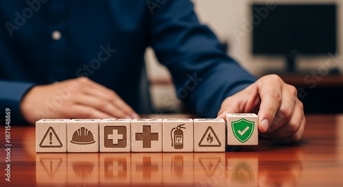 Safety and health at work concept, man arranging wood blocks with safety icons.
