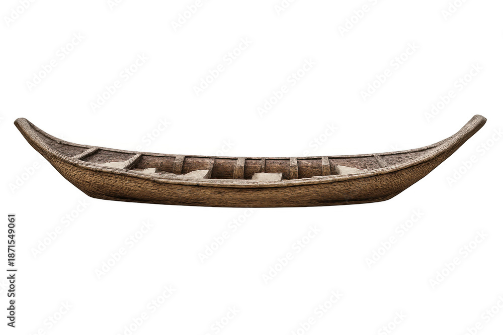 Naklejka premium Wooden traditional fishing boat or carved canoe with a shallow hull, side view, on transparent background