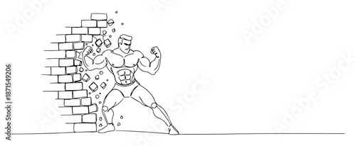 strong man breaking brick wall with power