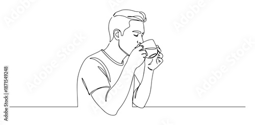 man drinking hot beverage from small cup sketch