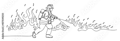 firefighter extinguishing flames with hose line drawing