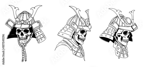 samurai skulls wearing traditional japanese armor helmets