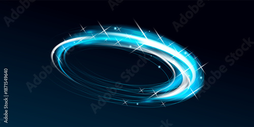 Technological blue neon ring with high-speed spiral motion and digital energy lines. Circular vortex design with glowing rays and bright particles suggests futuristic movement and space trails.