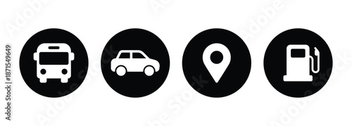 Circular Road and Vehicle Icon Set - White Minimalist Automotive Vector Symbols on Black