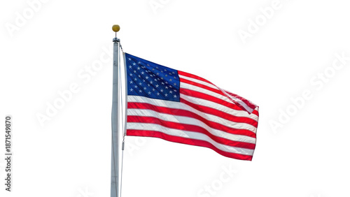 Waving American Flag on Pole Isolated on Transparent Background