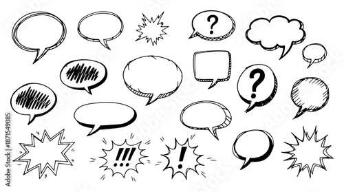 Collection of hand drawn comic speech bubbles and thought balloons in black and white sketch style
