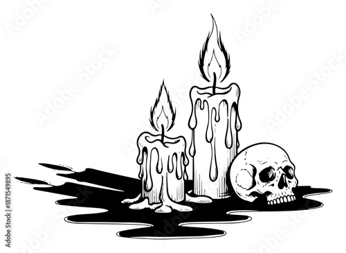 Melting burning candles with human skull and wax puddle