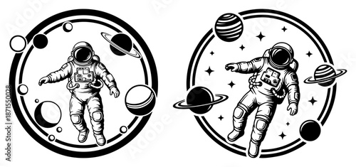 Astronaut floating in space with planets and stars in circular badge style