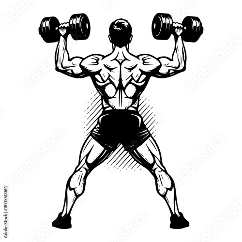 Strong bodybuilder lifting dumbbells back view in vintage engraving style