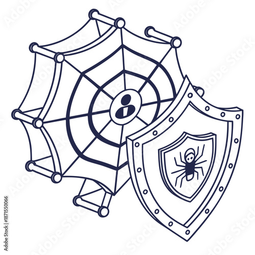 Cyber security shield protecting against spider web threats online