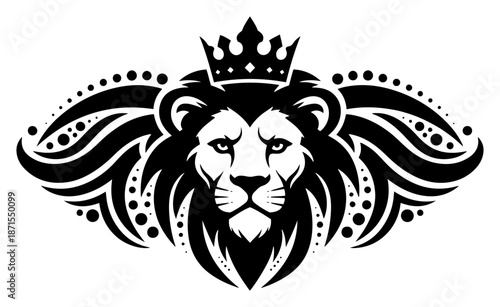 Royal lion head with crown and ornamental wings tattoo design