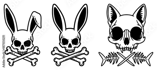 Funny animal skulls featuring rabbit and cat heads with crossbones
