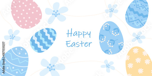 Happy Easter Day greeting card. Decorated eggs and spring flowers. Vector illustration on white background