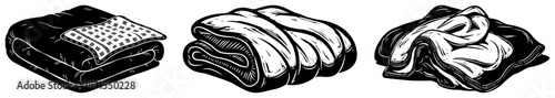 Set of folded blankets and bedding textiles in vintage engraving style