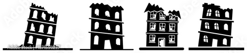 Set of destroyed residential building silhouettes after earthquake or war